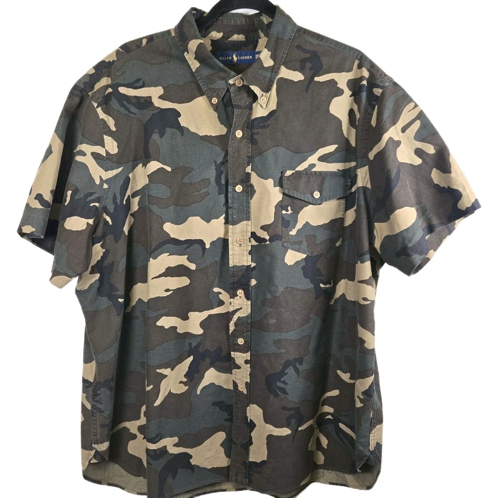 Ralph Lauren Polo Shirt Men XXL Green Button Down Camo Classic Fit Military